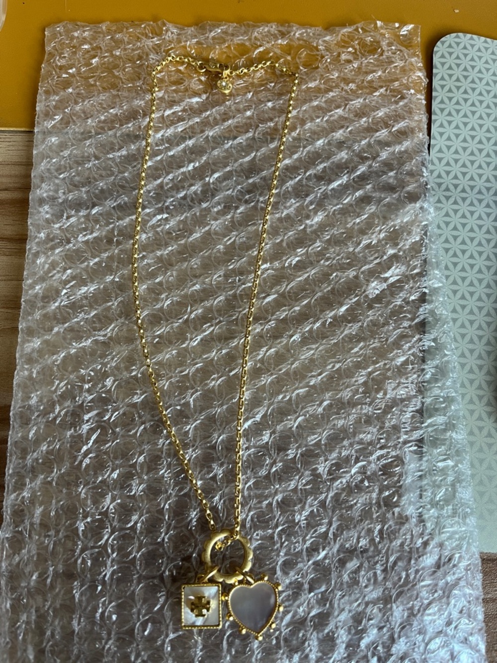 Tory Burch Gold-Tone Heart and Square Charm Necklace with White Accents